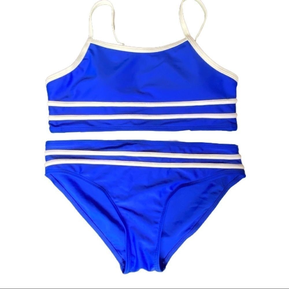 SHEIN Girls Swimsuit 2PC Bikini Set Royal Blue Color Block Adjustable Beach Pool